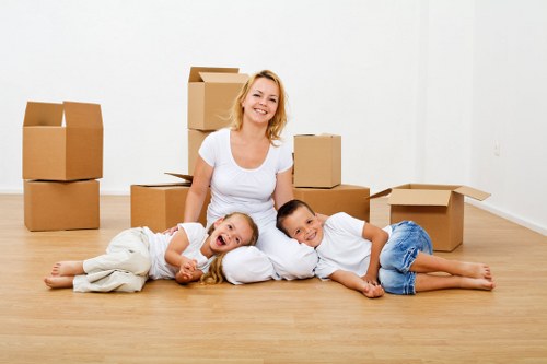 Packed office furniture and equipment ready for transport