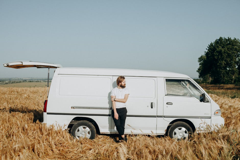 A man with short dark hair, wearing a white t-shirt and dark jeans, is standing on a residential street near a white commercial van with its rear doors open. He is holding a cardboard box and appears